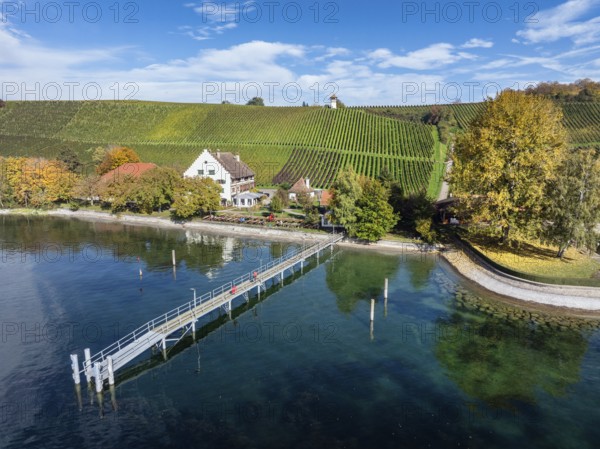 Aerial view of the jetty at the historic Rebgut Haltnau with catering business, outdoor catering
