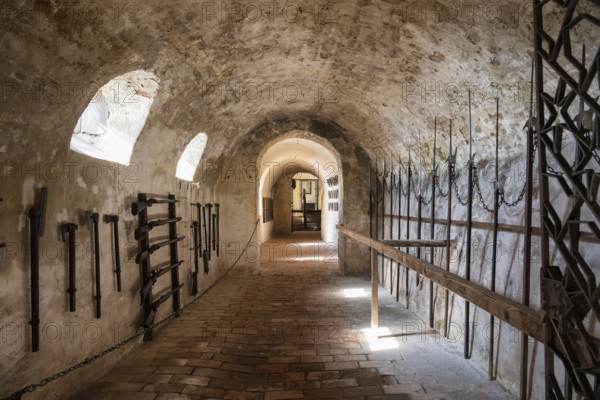 Tunnel with hand weapons in the historic Meersburg Castle, museum, sight, Lake Constance, Lake