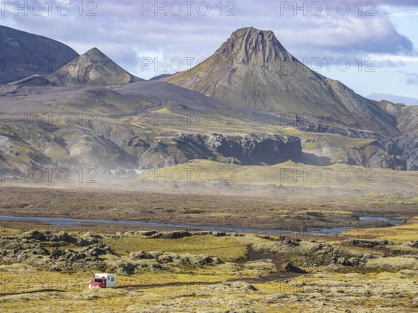 Skafta river and Uxatindar mountain range, camper van on road F206, Laki tourist road, Iceland,