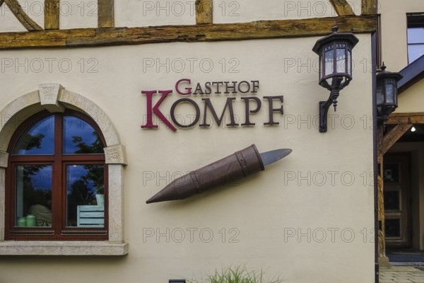 Gasthof Kompf, Swabian inn, restaurant, lettering, letters, facade, half-timbered house, tradition,