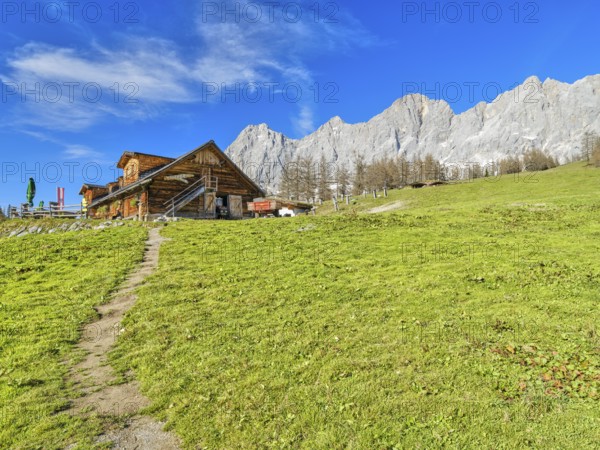 Walcheralm in front of Dachstein, alpine hut in autumn, Dachstein mountains, Dachstein south face,
