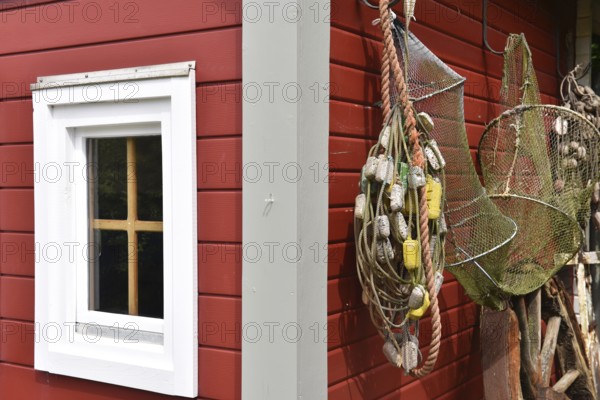 Fisherman's house, fishing hut with nets and traps for fishing on Heligoland, Schleswig-Holstein,