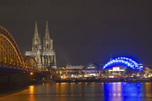 Hohenzollern Bridge with Cathedral and Musical Dome, Rhine embankment, Cologne, Rhineland, North