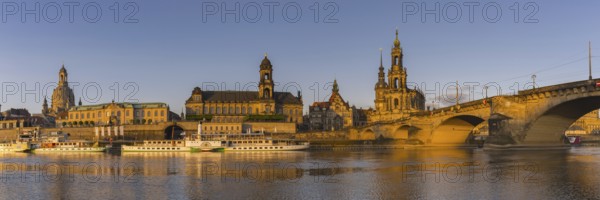 View over the Elbe with Church of Our Lady, Bruehl's Terrace, ships of the Saxon Steamship Company,