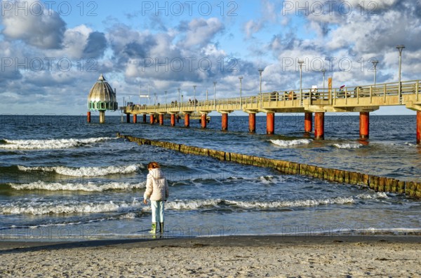 Diving gondola at the Zingst pier, cloudy mood and waves, Baltic Sea coast, Zingst,