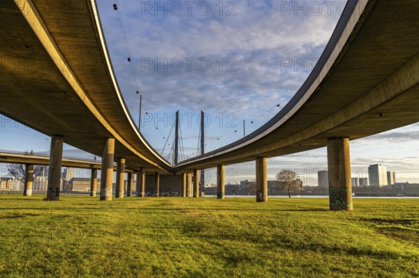 Bridge ramps of the Rheinknie Bridge over the Rhine near Düsseldorf, view from Oberkassel, North