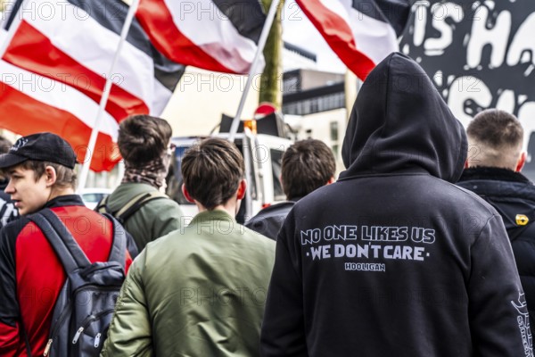 The neo-Nazi group Jung und Stark, JS, demonstrates in the city centre of Essen, demanding the