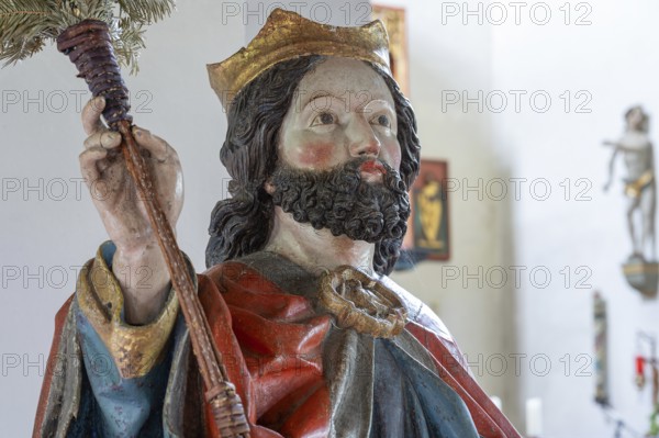 Head of Christ, detail of the Palmesel, wooden figure from around 1470, Church of St Jodokus, Bad