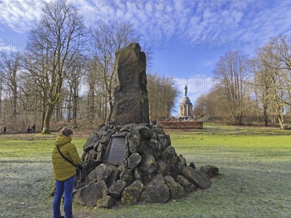 Woman looking at the Bismarck Monument, behind the Hermann Monument, Hiddesen, Detmold, Teutoburg
