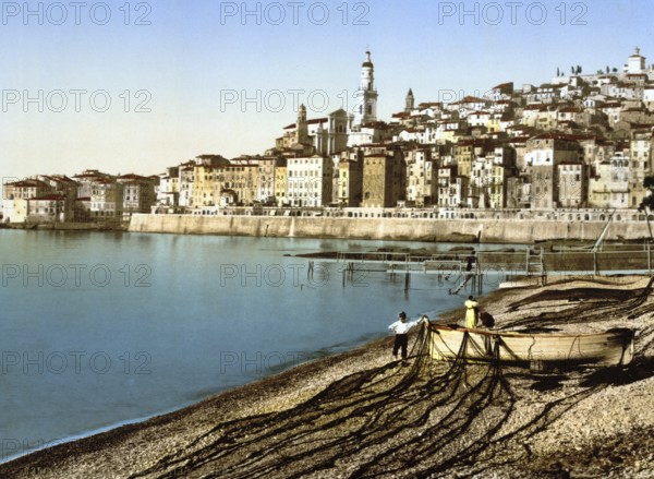 Old town of Menton on the Riviera, France, around 1895, Historic, digitally restored reproduction