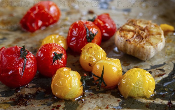 Baked cherry tomatoes, in the oven, on a baking sheet, with olive oil and spices, close-up,