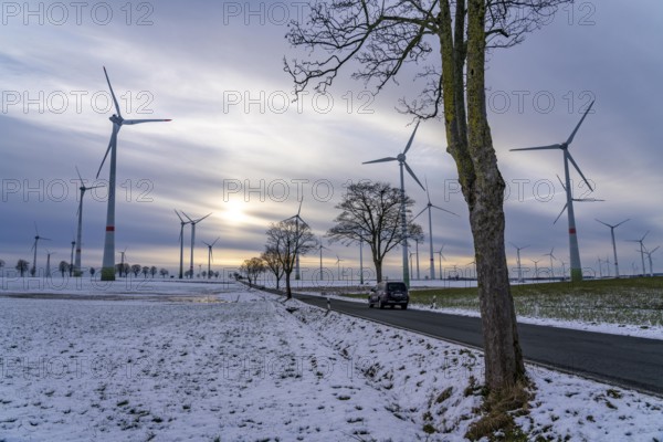 Country road, wind farm, north of Lichtenau, self-proclaimed energy town, over 190 wind turbines