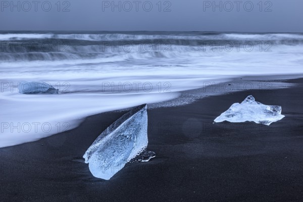 Ice floes, beach, sea, waves, cloudy, Diamond Beach, Breidamerkursandur, Jökulsarlon, Iceland,