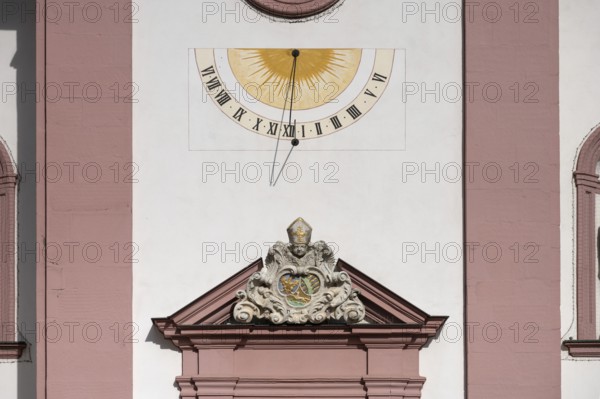 Sundial on the late baroque St Kilian's church, Untertheres, Lower Franconia, Bavaria, Germany,