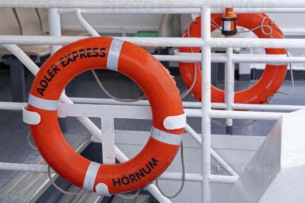 Lifebuoys, excursion boat Adler Express, Wadden Sea, North Frisia, Schleswig-Holstein, Germany,