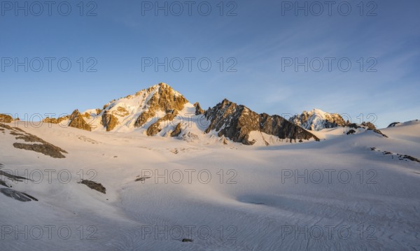 High alpine mountain landscape at sunset, Glacier du Tour, Glacier and mountain peaks in the