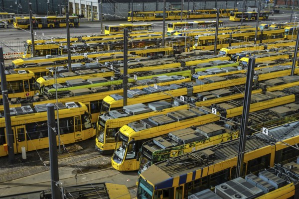 Essen, North Rhine-Westphalia, Germany, Trams at Ruhrbahn depot, Verdi and EVG warning strike,