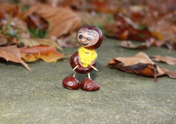 Funny chestnut figure with yellow scarf on a wall in autumn leaves, North Rhine-Westphalia,