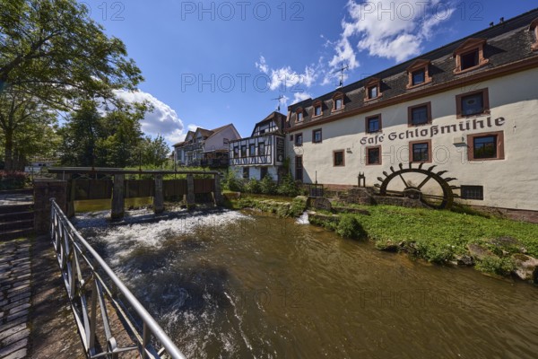 Castle mill, river Mümling, watermill, half-timbered house, historic building, metal railings,