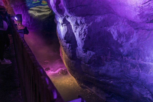 The Tamina Gorge and the Tamina River illuminated in colour at night, Altes Bad Pfäfers, St.