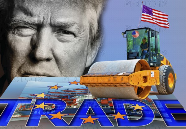 Symbolic image, EU, Germany and global economy under the US steamroller, Donald Trump, tariff