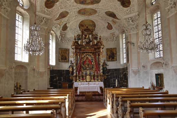 Maria Gern pilgrimage church in the Bavarian Alps in Berchtesgaden, interior with altar, Bavaria,