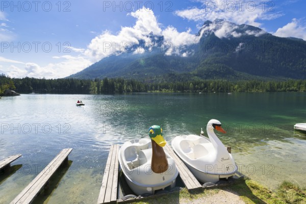 Jetty with boats at Hintersee, pedal boats, swan, duck, Hochkalter, Ramsau, Berchtesgaden National