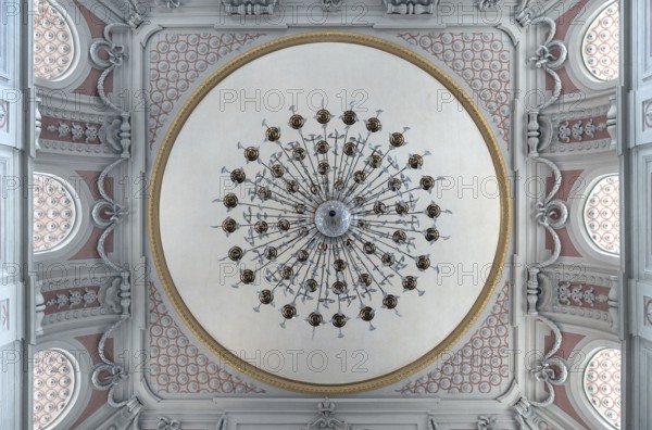 Vaulted dome with chandelier of St James' Church, built 1772-1775, Bad Kissingen, Lower Franconia,