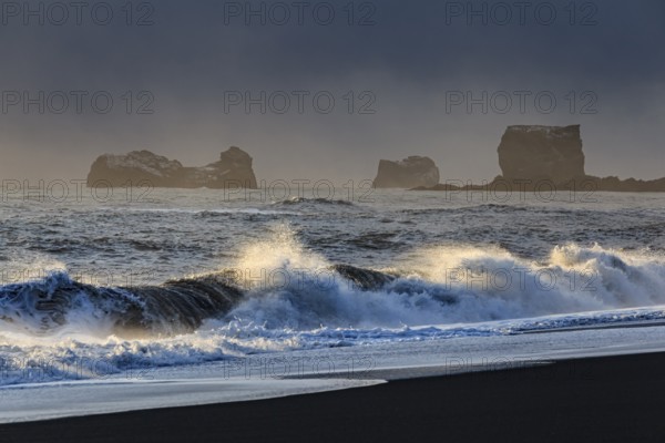 Snowy beach, waves, wind, dark clouds, winter, light mood, rocks, Dyrholaey, Vik, Iceland, Europe