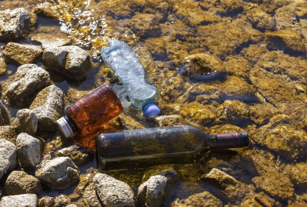 Environmental pollution, Household waste washed up on the lake shore, Plastic and glass bottles,