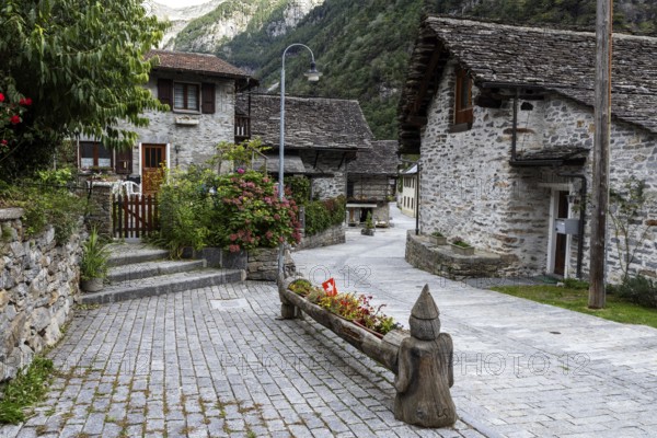 Typical Ticino stone houses in the village of Sonogno, Verzasca Valley, Valle Verzasca, Canton