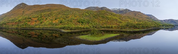 Fjord, coast, mountain landscape, reflection, island, autumn, panorama, aerial view, Loch Leven,