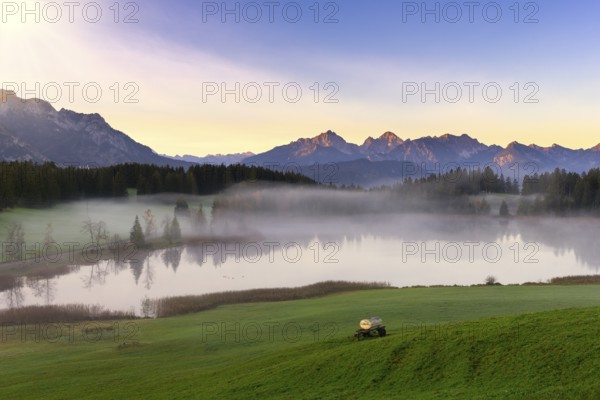 Mountain landscape with lake in the morning mist, clear atmosphere and soft lighting, Hegratsrieder