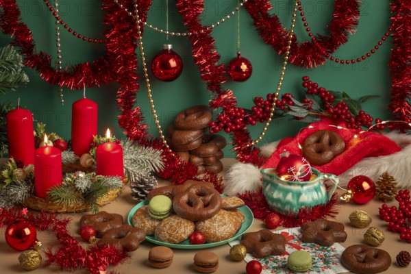 Lavishly decorated table with Christmas decorations, Advent wreath with two lit candles and