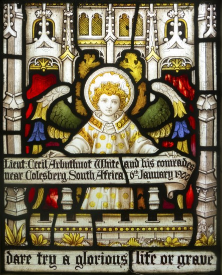 Detail of stained glass window Clayton and Bell, Boulge church, Suffolk, England, UK - Suffolk