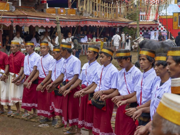 Men in traditional festive dress, funeral ceremony, Tana Toraja, Sulawesi, Indonesia, Asia