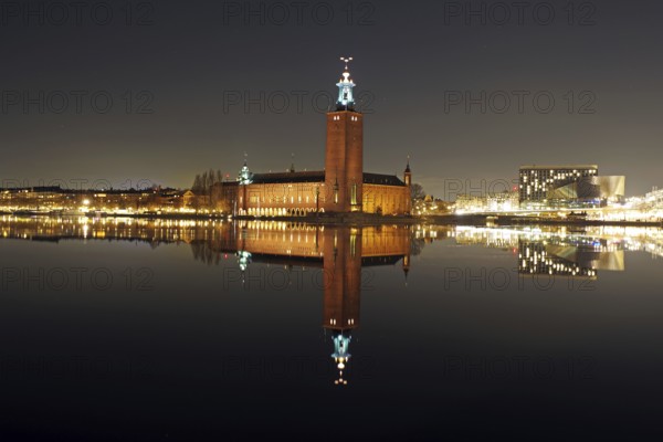 Night city view with illuminated tower and bridges in the background, winter, ice, capital, city