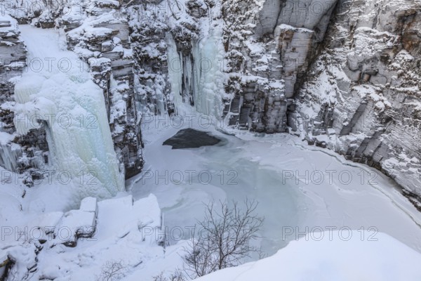 Gorge, canyon, river, waterfall, icy, ice, snow, winter, Abisko Canyon, Abisko National Park,