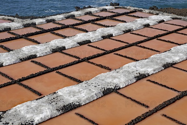 Salt pans with reddish water basins in a geometric arrangement near the sea, salt pans,