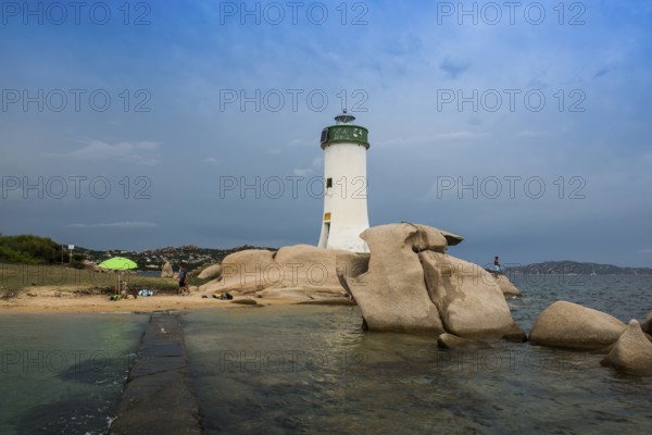 Lighthouse with beach and bizarre granite rocks, Spiaggia Porto Faro, Faro di Punta Palau, Palau,