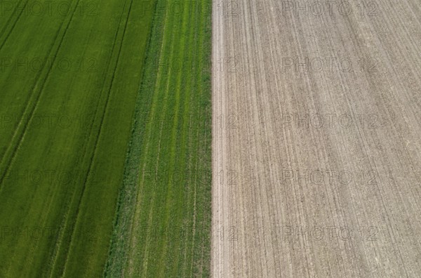 Drone view, green and ploughed fields, agricultural landscape, Innviertel, Upper Austria, Austria,