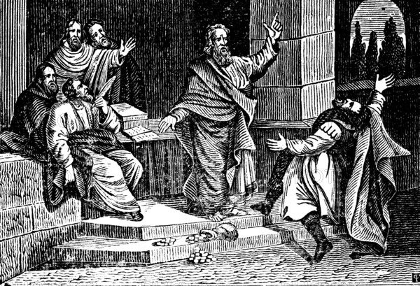 Hananias and Sapphira are punished with death, the rich Hananias falls to the ground and dies,