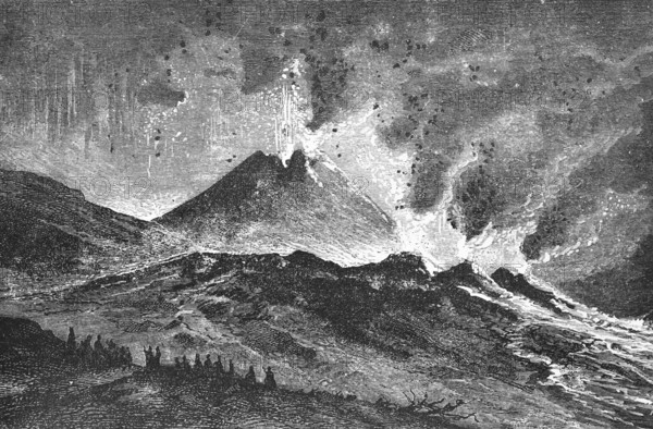 Eruption of hot lava and rock from the active Vesuvius volcano, near Naples and Pompei, geological