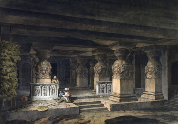 Paraswa Rama Sabha. Inside the cave, India, ca 1880, digitally enhanced reproduction of a 19th