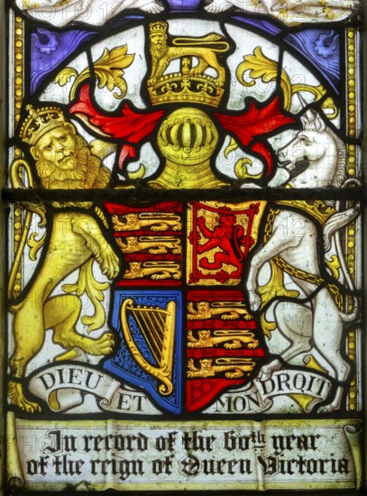 Stained glass window commemorating 60th year of reign of Queen Victoria, Boulge church, Suffolk,