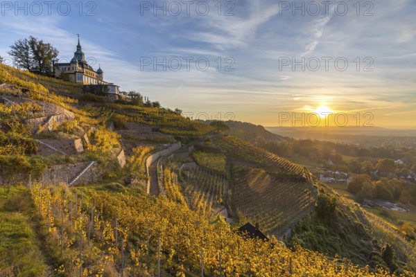 Restaurant Spitzhaus in the autumnal vineyards of Oberlößnitz at sunrise, Radebeul, Saxony,
