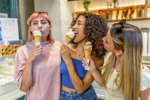 Happy diverse adult childish woman licking ice cream in store