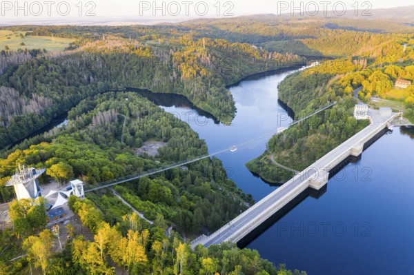 Aerial view of the Rappbode dam, dam wall and suspension bridge by Harzdrenalin, Oberharz am