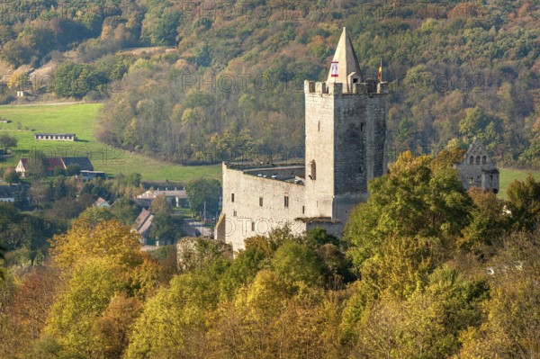 Rudelsburg castle ruins in the Saale valley in autumn, Bad Kösen, Burgenlandkreis, Saxony-Anhalt,