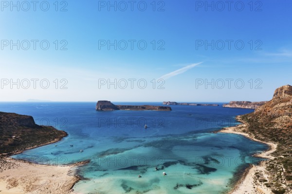 Drone shot, beach and bay of Balos, Gramvousa peninsula, Kolimbari, West Crete, Crete, Greece,